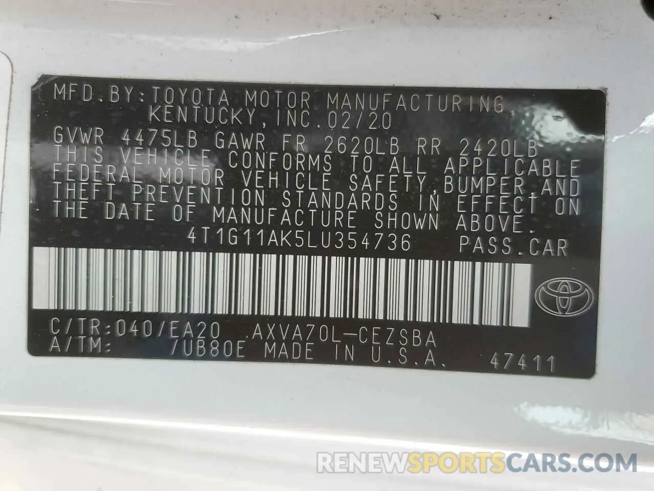 12 fotografías del automóvil dañado 4T1G11AK5LU354736 TOYOTA CAMRY 2020