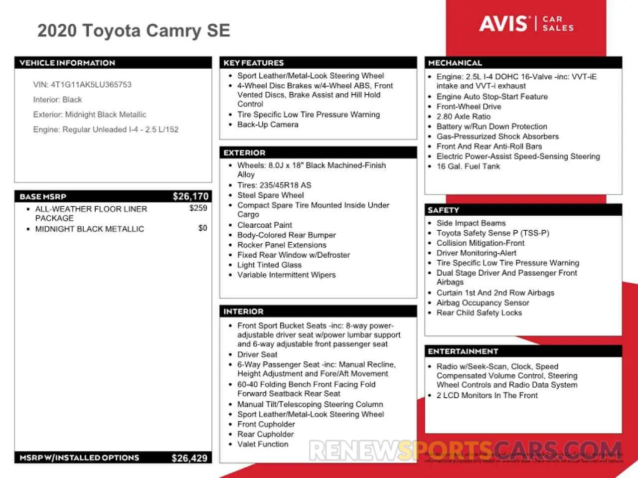 12 fotografías del automóvil dañado 4T1G11AK5LU365753 TOYOTA CAMRY 2020