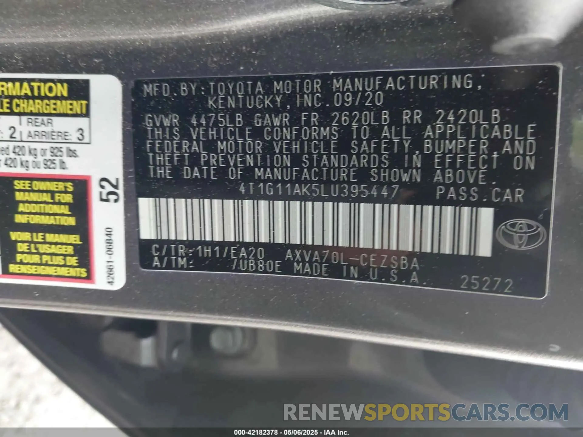 9 fotografías del automóvil dañado 4T1G11AK5LU395447 TOYOTA CAMRY 2020