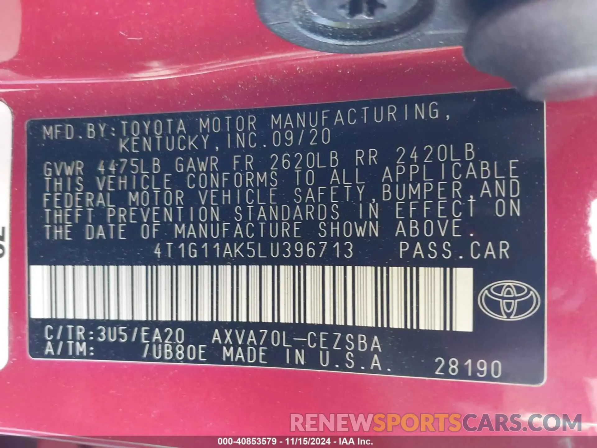 9 fotografías del automóvil dañado 4T1G11AK5LU396713 TOYOTA CAMRY 2020