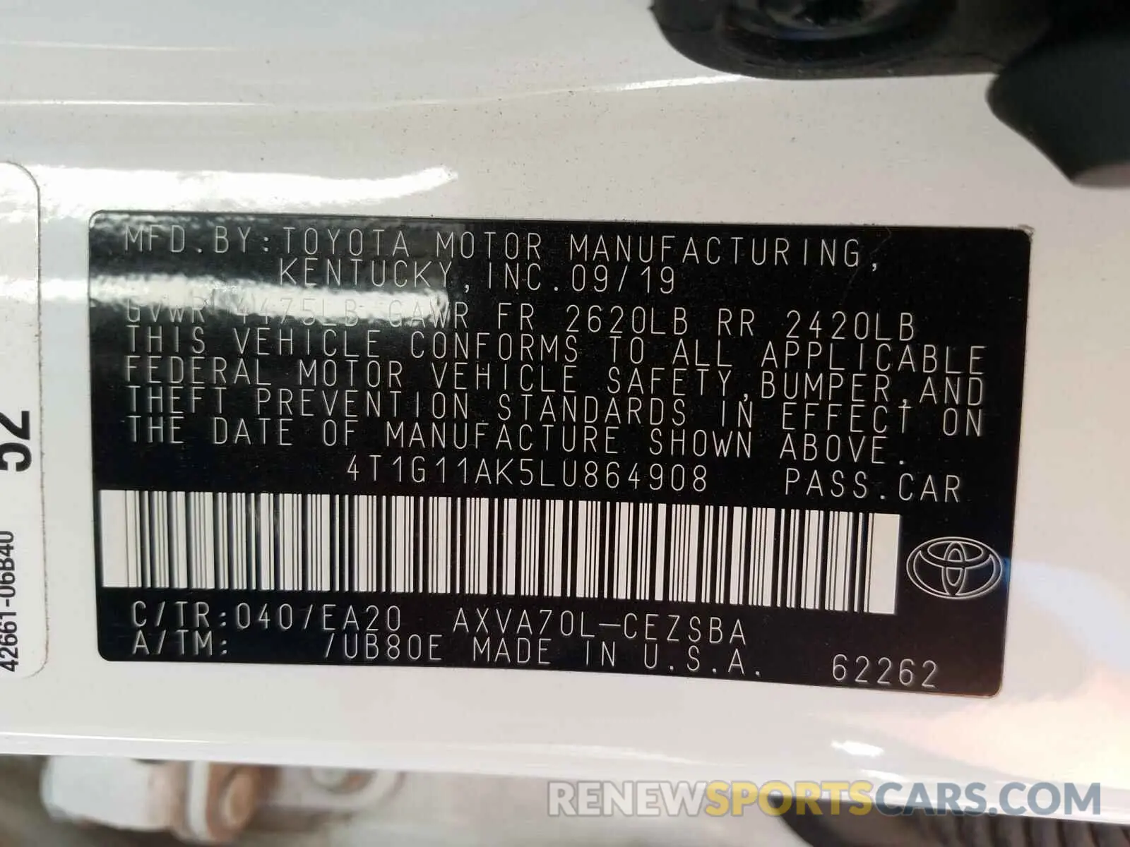 10 fotografías del automóvil dañado 4T1G11AK5LU864908 TOYOTA CAMRY 2020
