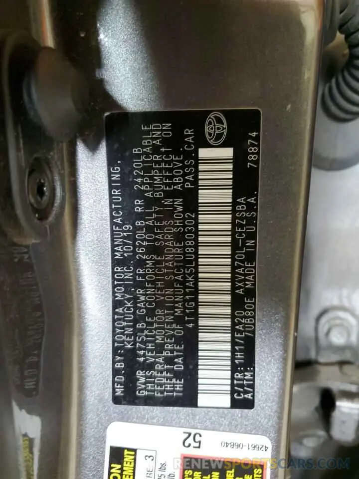 12 fotografías del automóvil dañado 4T1G11AK5LU880302 TOYOTA CAMRY 2020