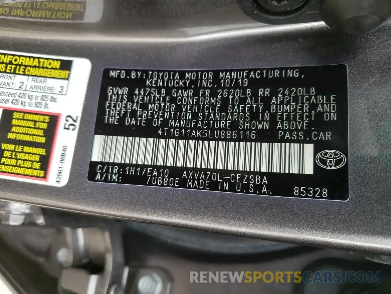 10 fotografías del automóvil dañado 4T1G11AK5LU886116 TOYOTA CAMRY 2020