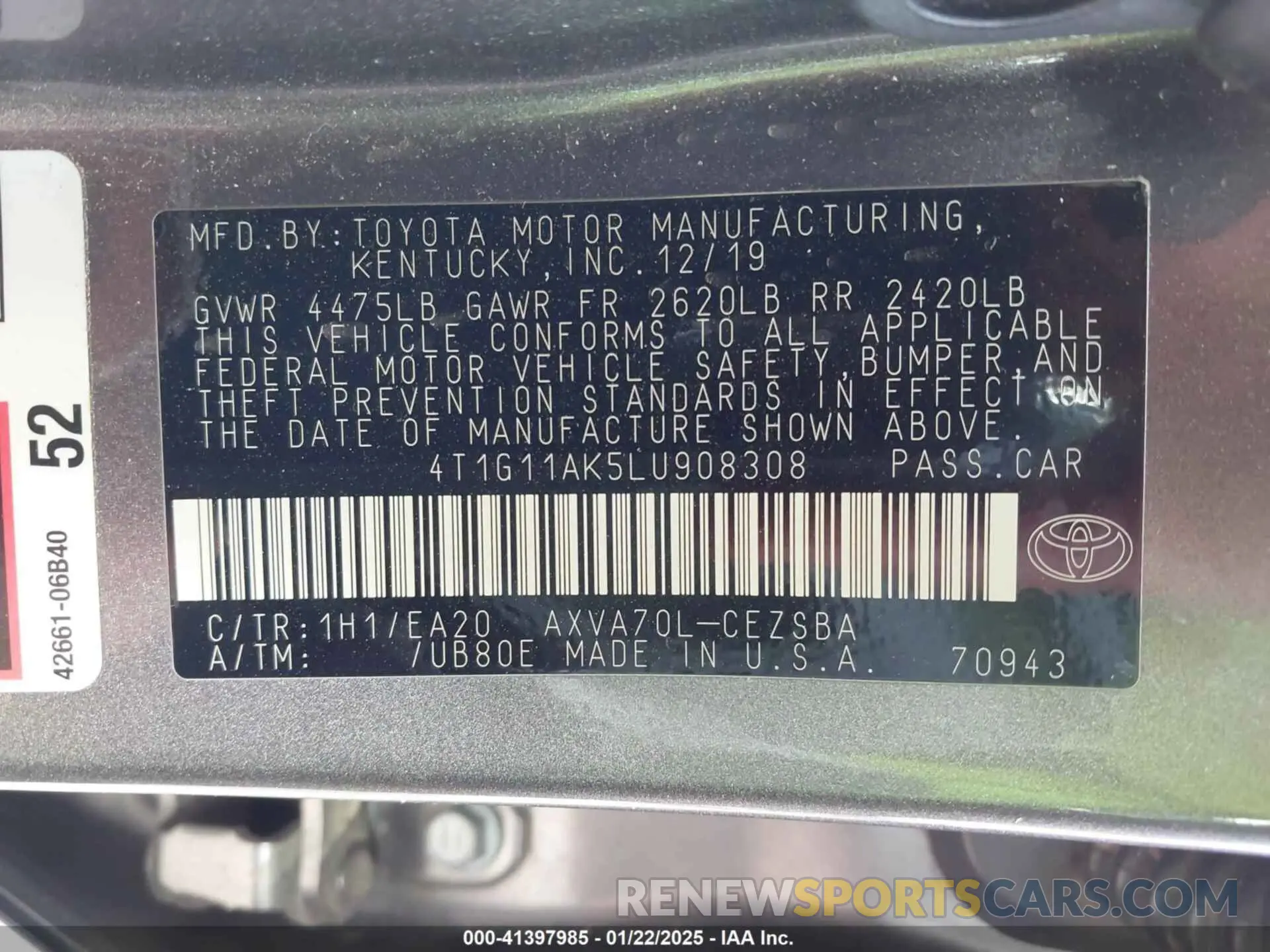9 fotografías del automóvil dañado 4T1G11AK5LU908308 TOYOTA CAMRY 2020