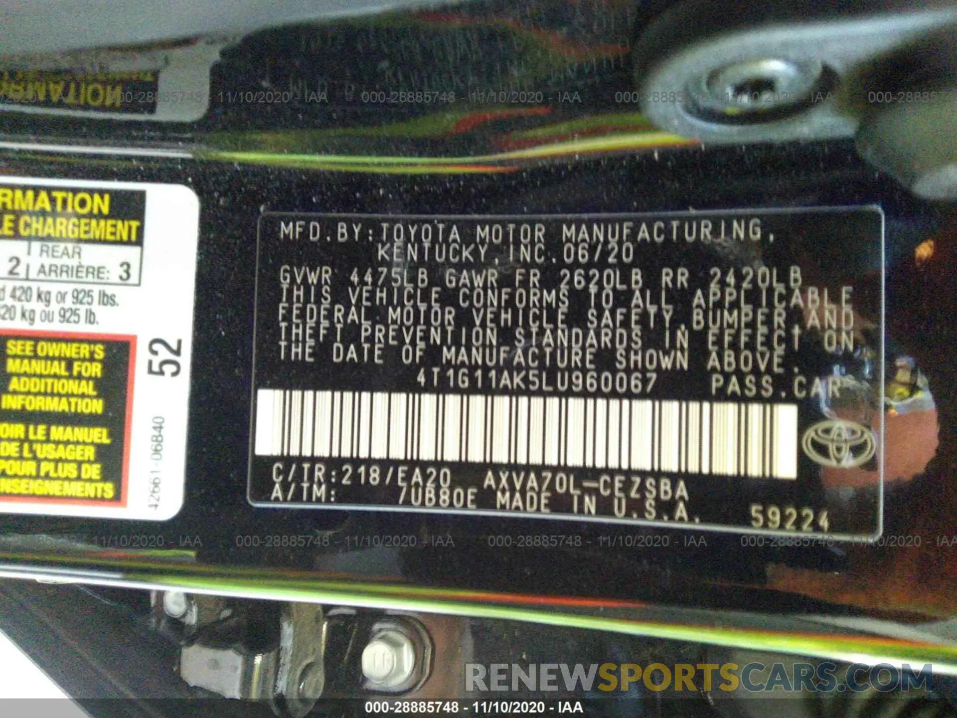 9 fotografías del automóvil dañado 4T1G11AK5LU960067 TOYOTA CAMRY 2020