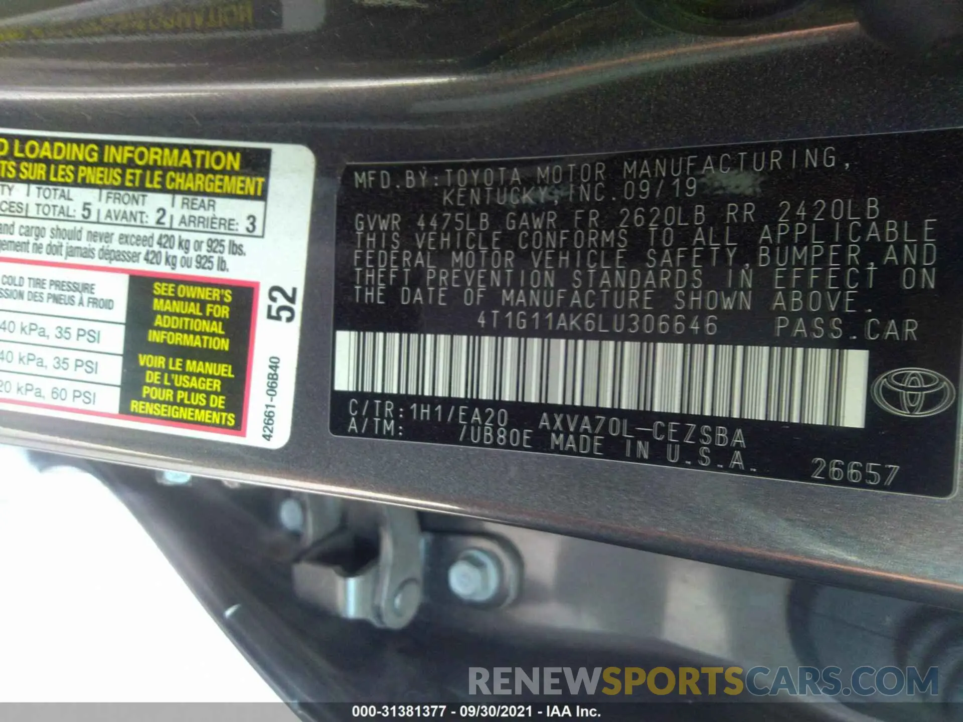 9 fotografías del automóvil dañado 4T1G11AK6LU306646 TOYOTA CAMRY 2020
