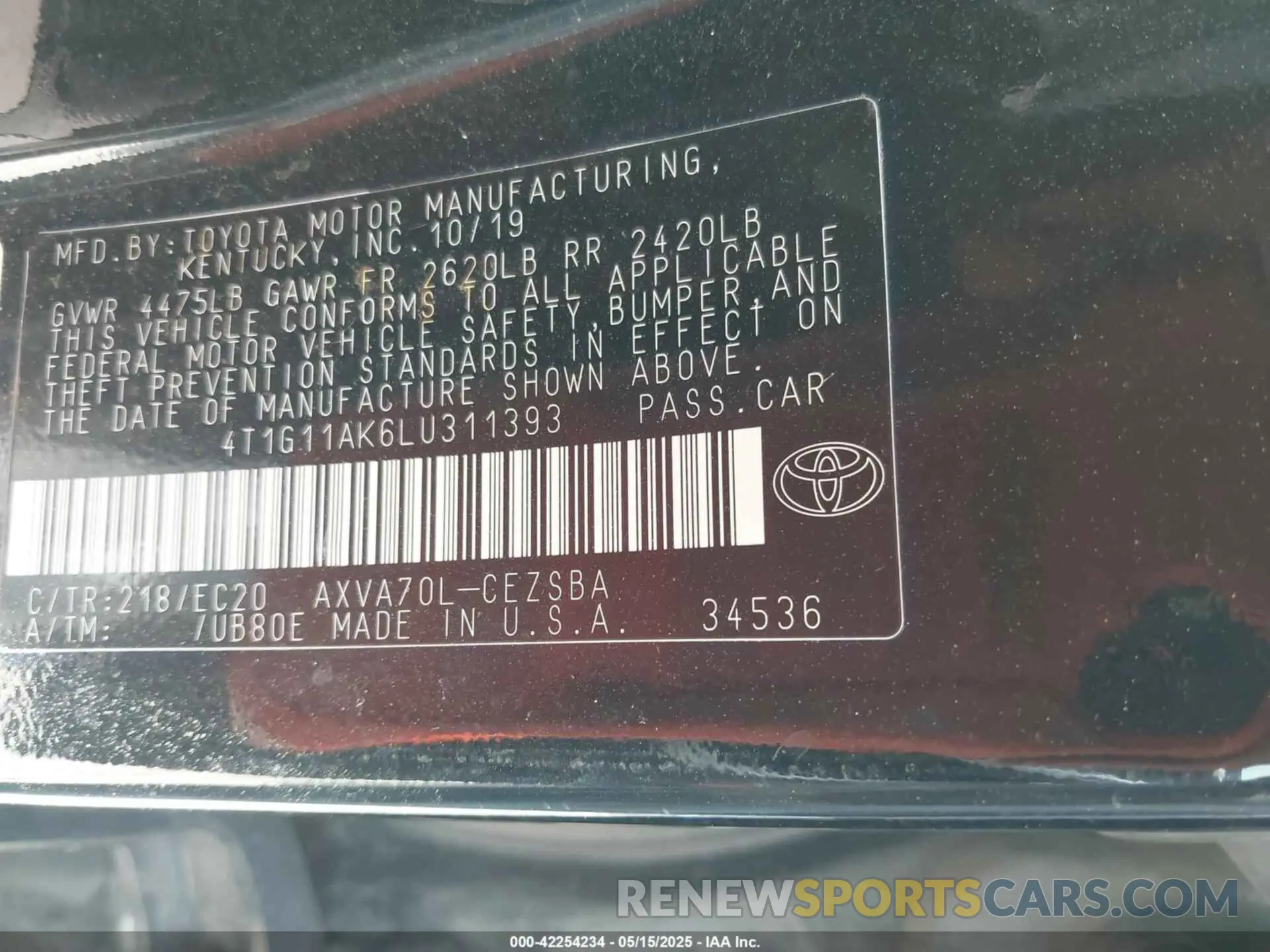 9 fotografías del automóvil dañado 4T1G11AK6LU311393 TOYOTA CAMRY 2020