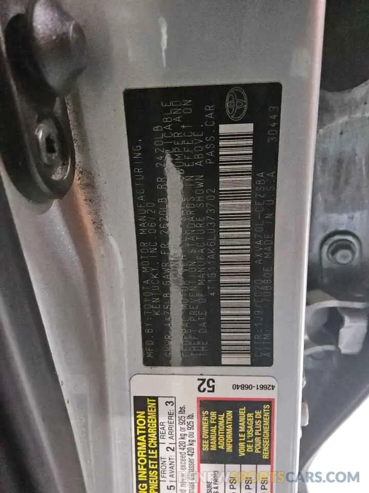12 fotografías del automóvil dañado 4T1G11AK6LU373702 TOYOTA CAMRY 2020