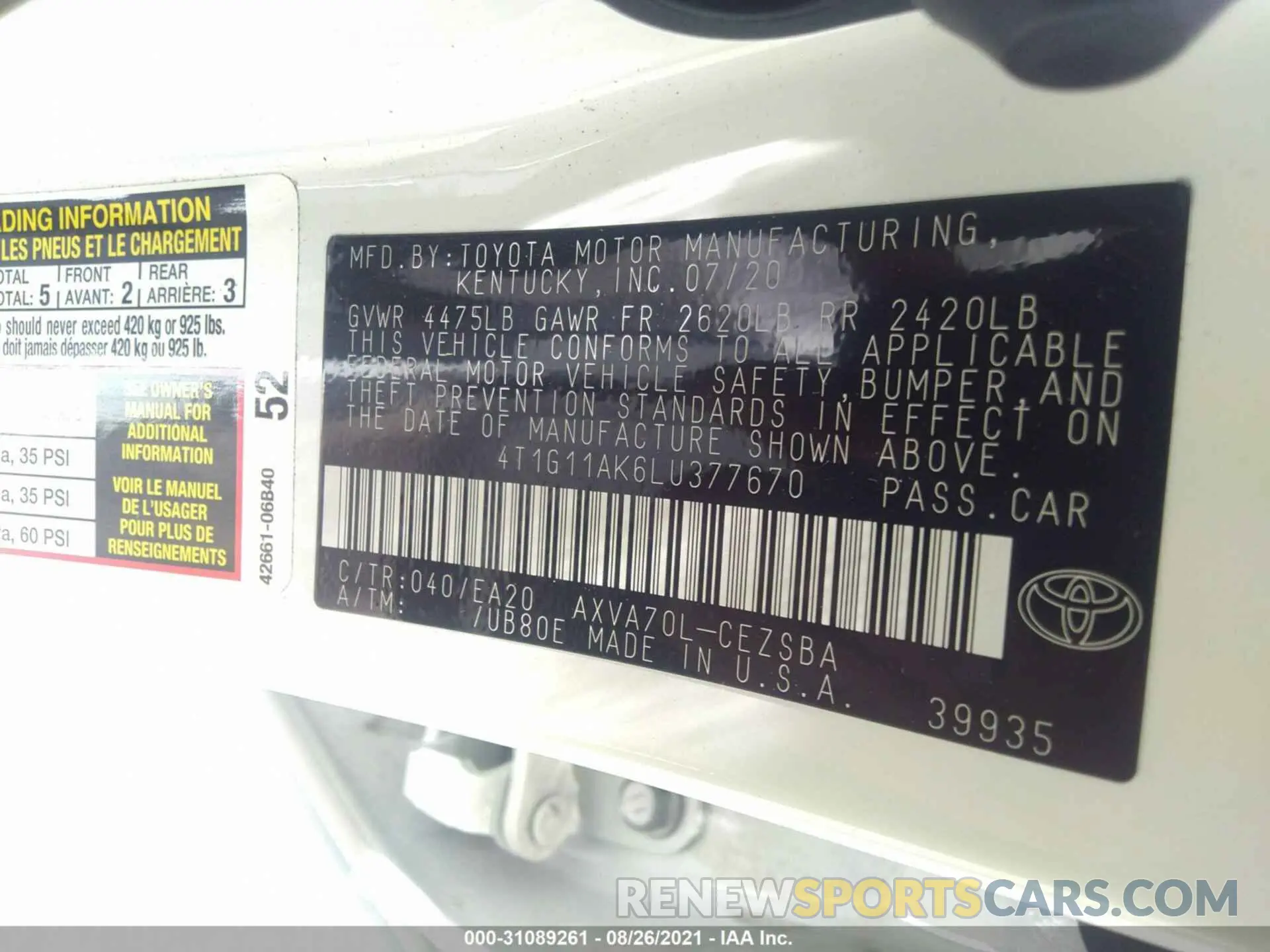 9 fotografías del automóvil dañado 4T1G11AK6LU377670 TOYOTA CAMRY 2020