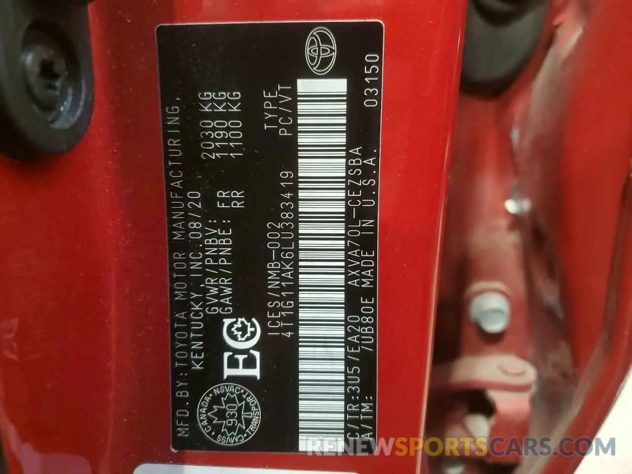 12 fotografías del automóvil dañado 4T1G11AK6LU383419 TOYOTA CAMRY 2020