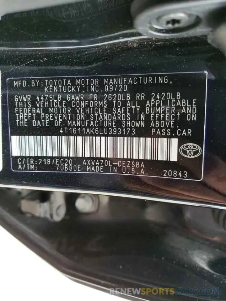 10 fotografías del automóvil dañado 4T1G11AK6LU393173 TOYOTA CAMRY 2020