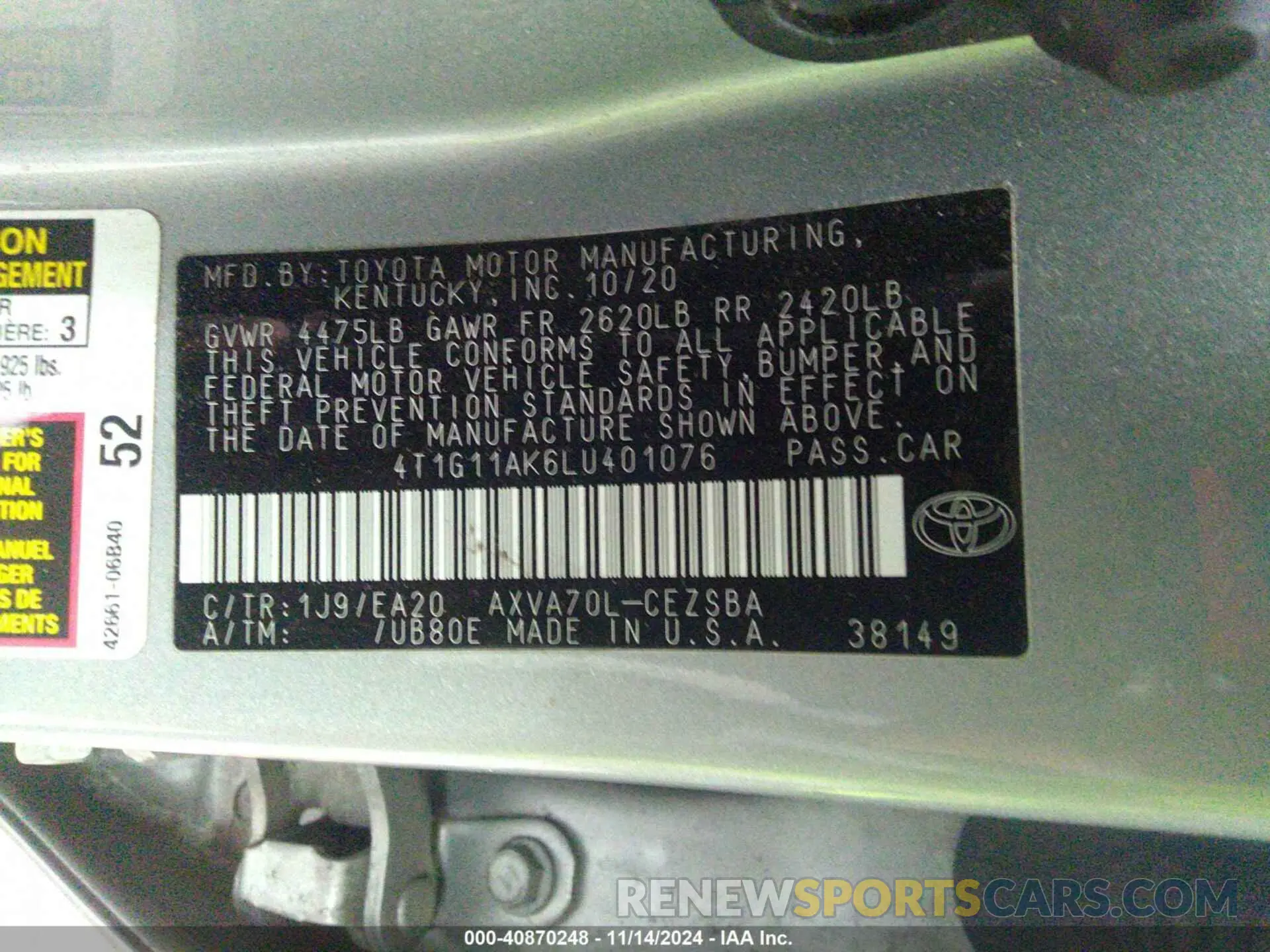 9 fotografías del automóvil dañado 4T1G11AK6LU401076 TOYOTA CAMRY 2020