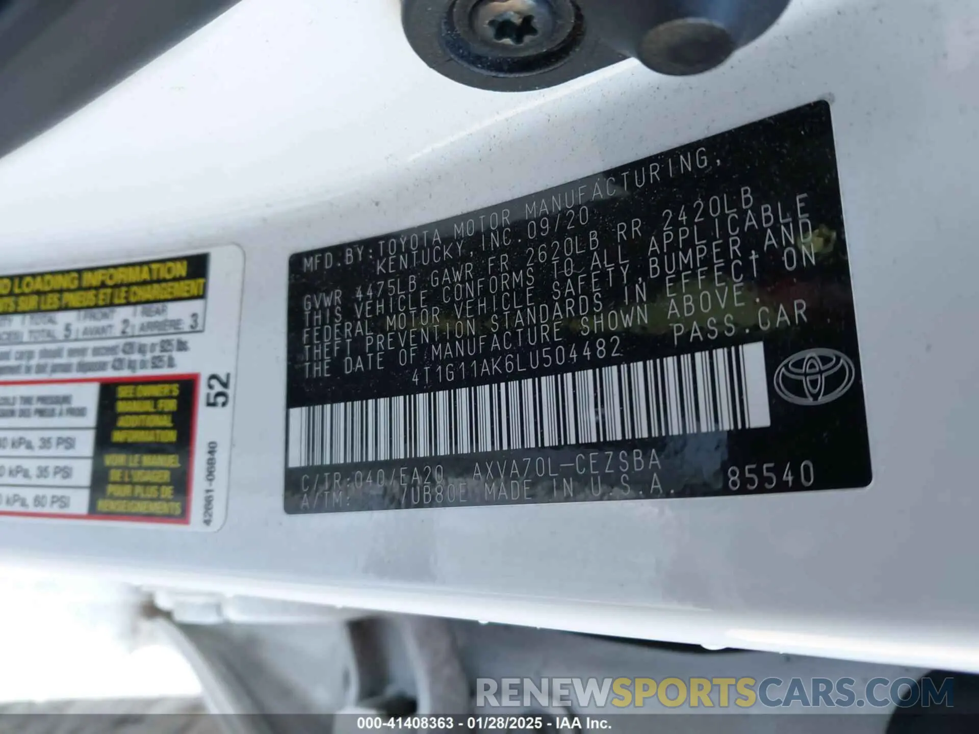 9 fotografías del automóvil dañado 4T1G11AK6LU504482 TOYOTA CAMRY 2020