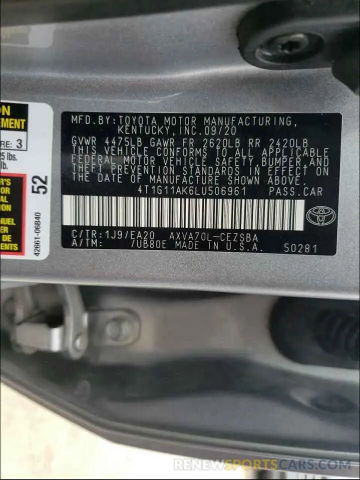 10 fotografías del automóvil dañado 4T1G11AK6LU506961 TOYOTA CAMRY 2020