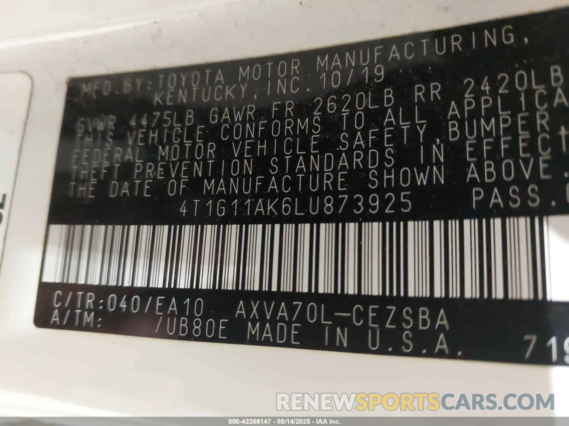 9 fotografías del automóvil dañado 4T1G11AK6LU873925 TOYOTA CAMRY 2020