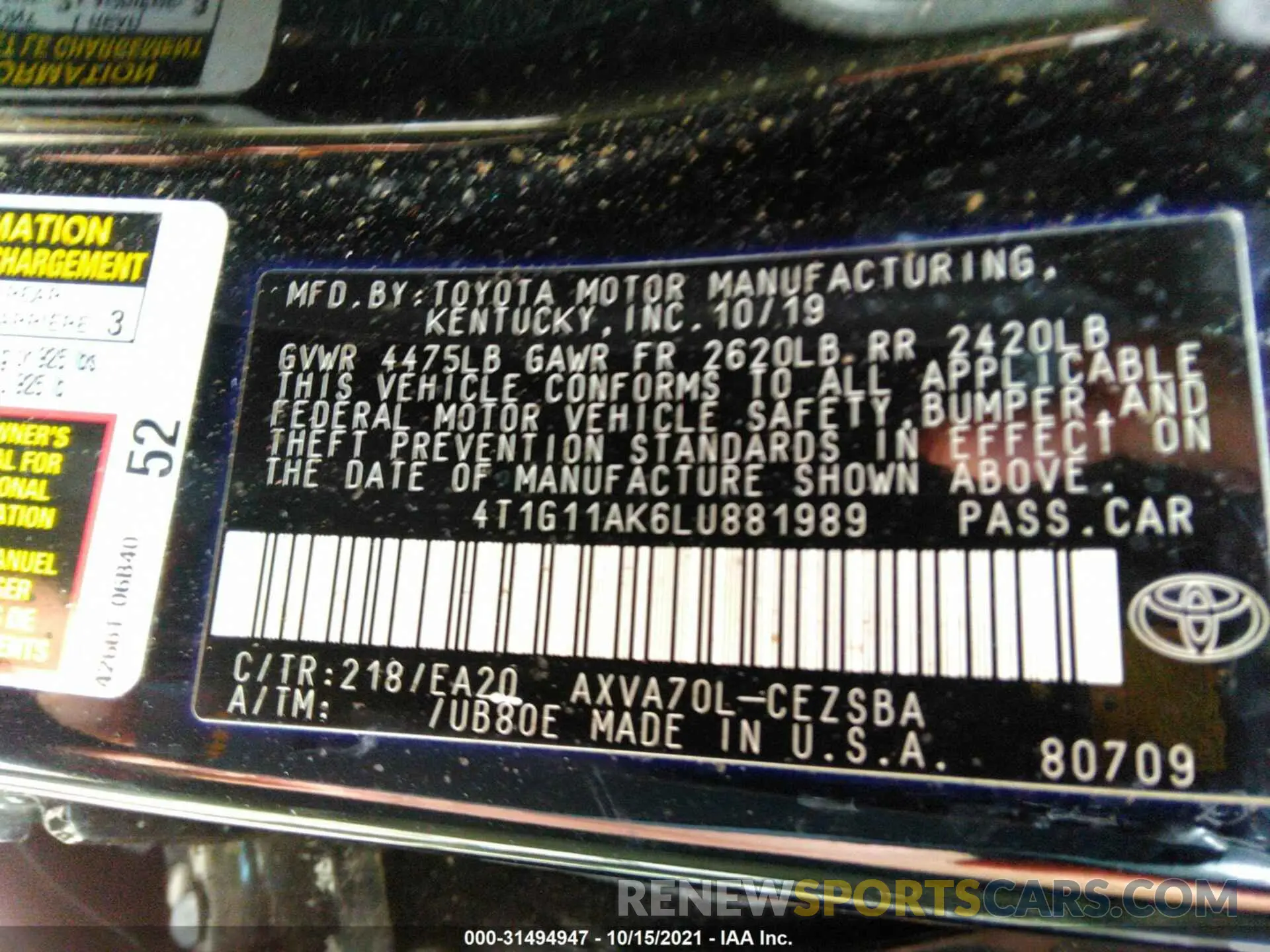 9 fotografías del automóvil dañado 4T1G11AK6LU881989 TOYOTA CAMRY 2020