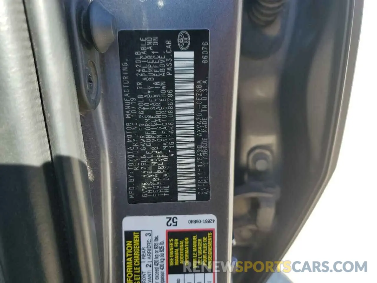 12 fotografías del automóvil dañado 4T1G11AK6LU886786 TOYOTA CAMRY 2020