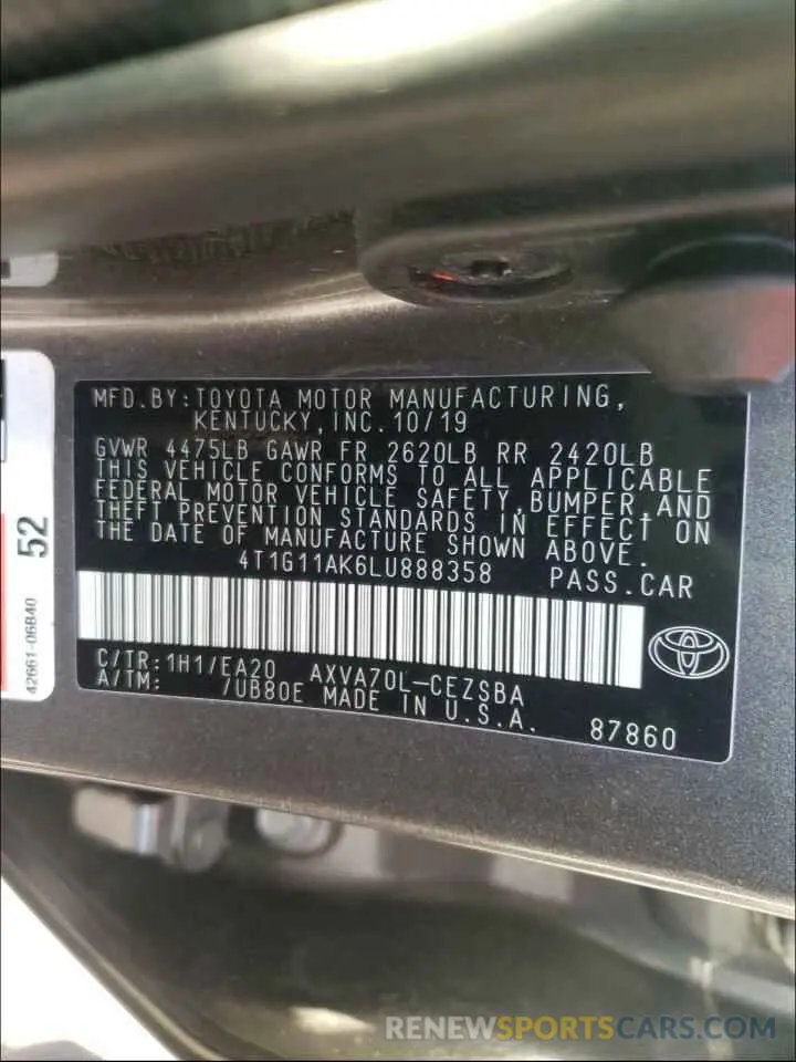 10 fotografías del automóvil dañado 4T1G11AK6LU888358 TOYOTA CAMRY 2020