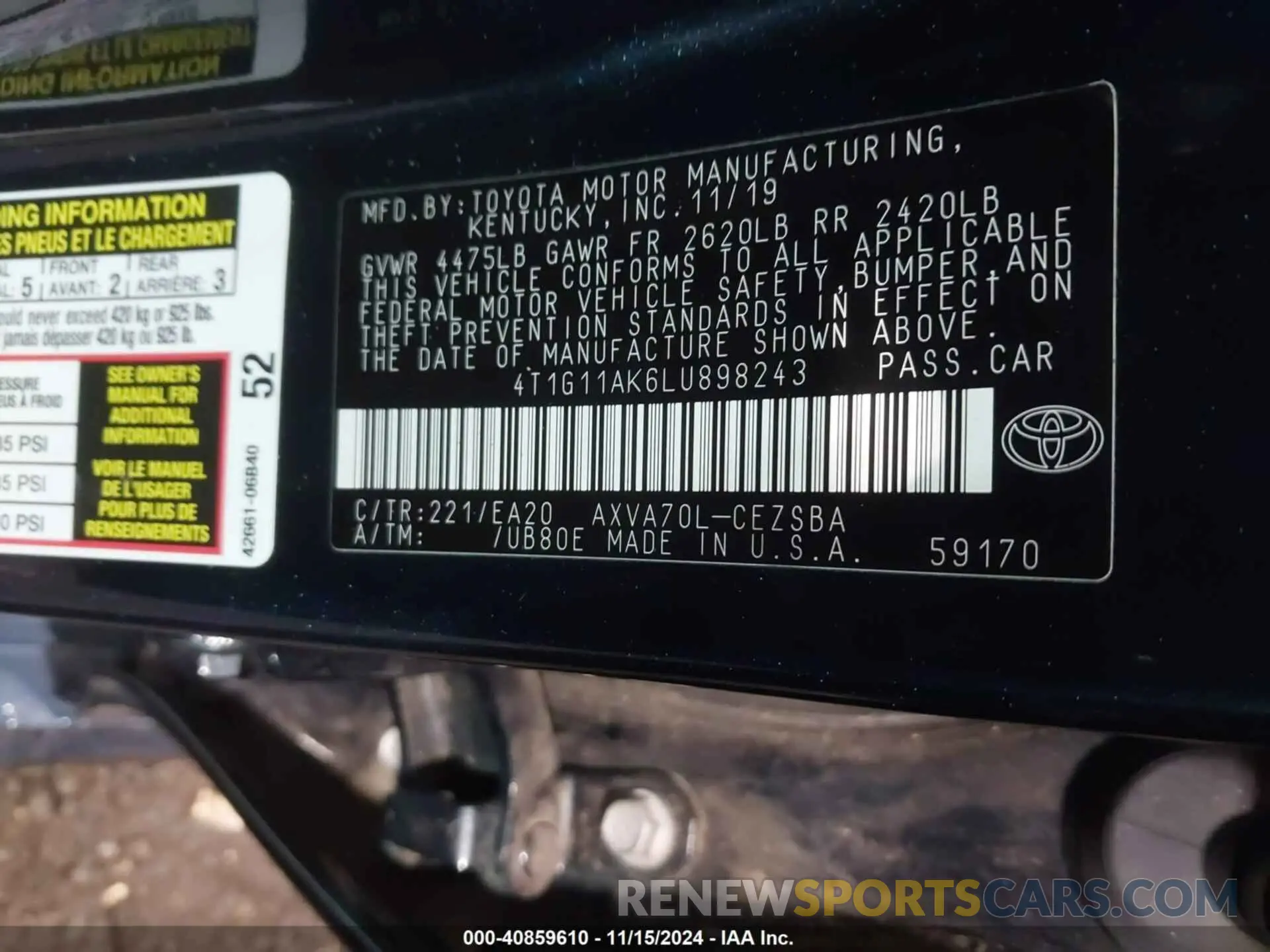 9 fotografías del automóvil dañado 4T1G11AK6LU898243 TOYOTA CAMRY 2020