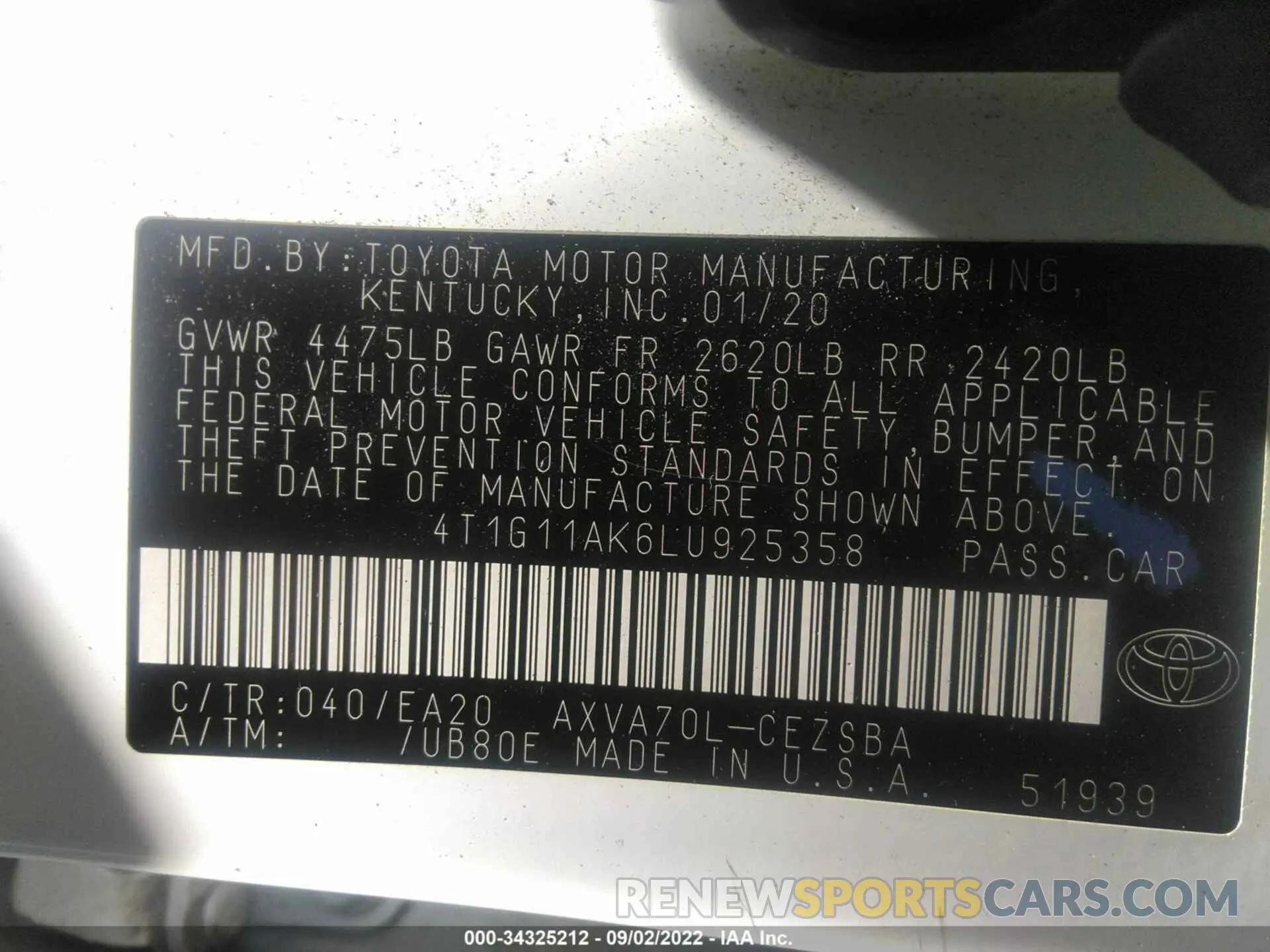 9 fotografías del automóvil dañado 4T1G11AK6LU925358 TOYOTA CAMRY 2020
