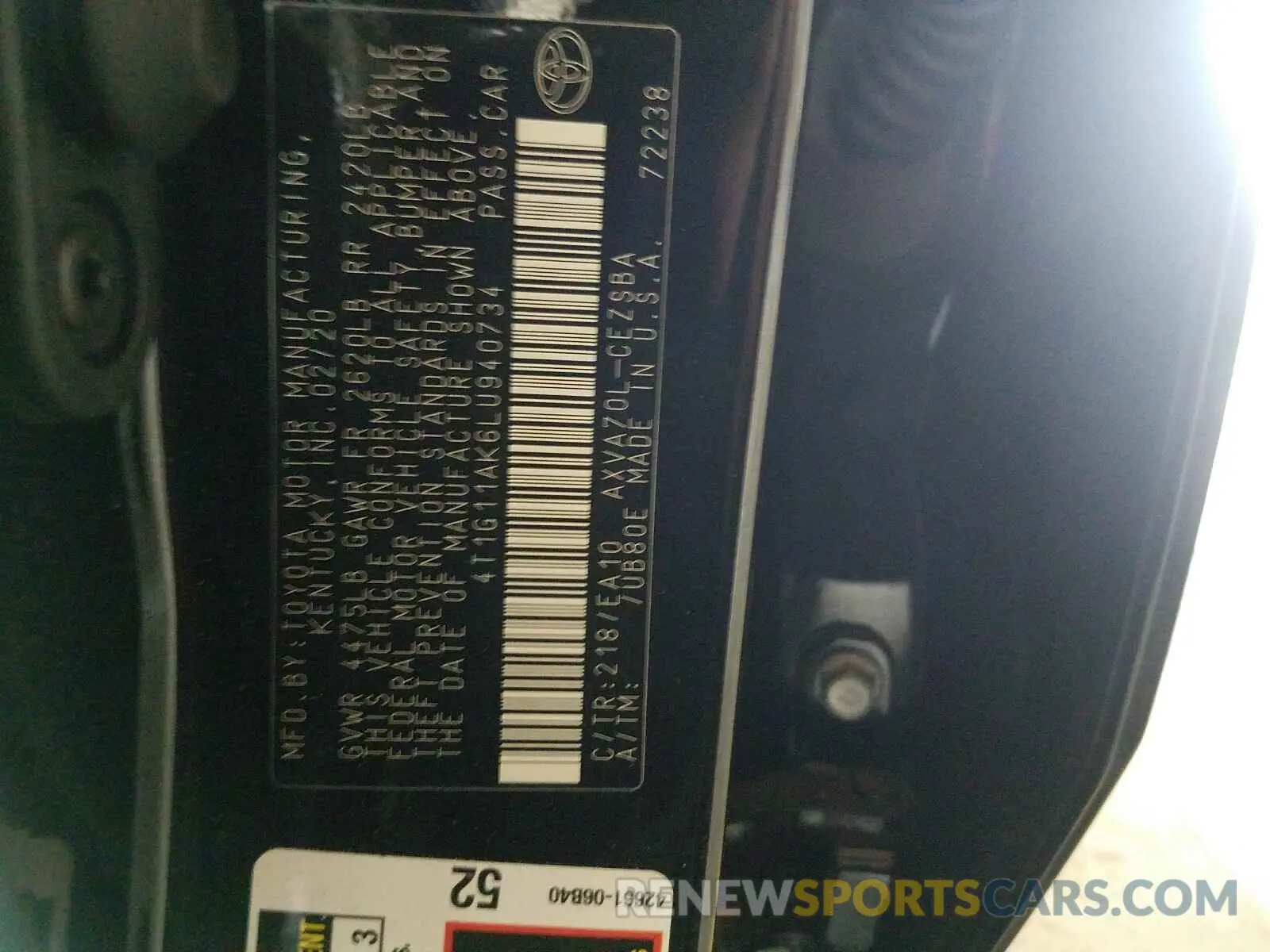 10 fotografías del automóvil dañado 4T1G11AK6LU940734 TOYOTA CAMRY 2020