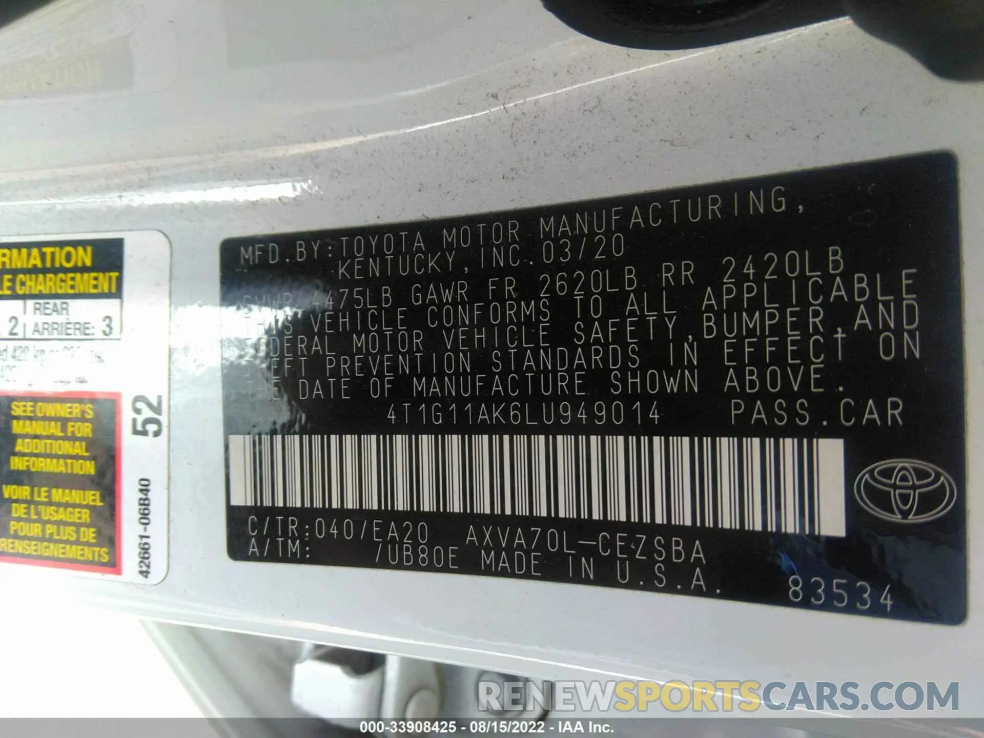 9 fotografías del automóvil dañado 4T1G11AK6LU949014 TOYOTA CAMRY 2020