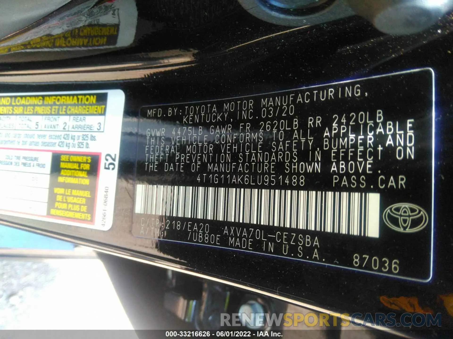 9 fotografías del automóvil dañado 4T1G11AK6LU951488 TOYOTA CAMRY 2020