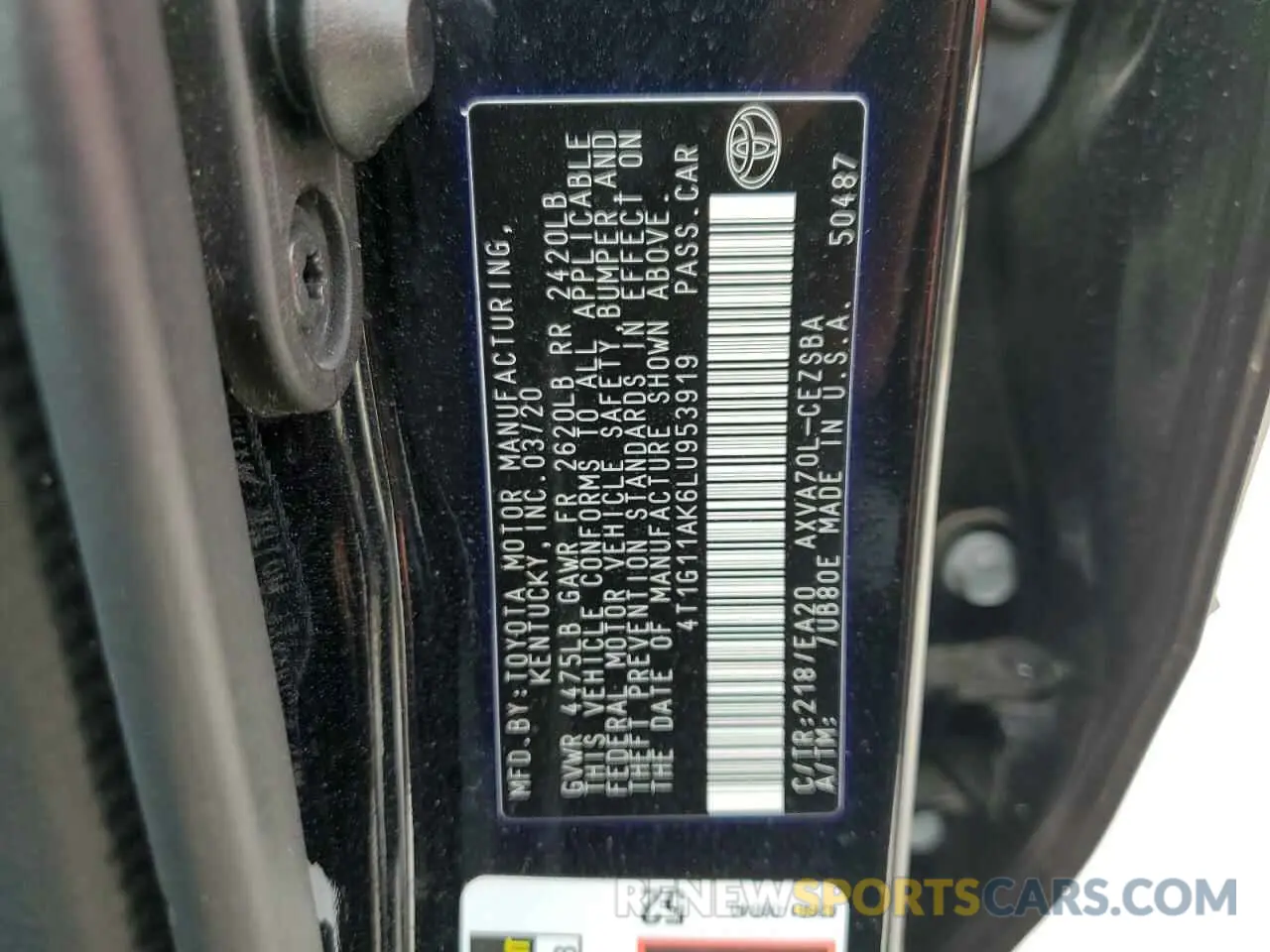 12 fotografías del automóvil dañado 4T1G11AK6LU953919 TOYOTA CAMRY 2020