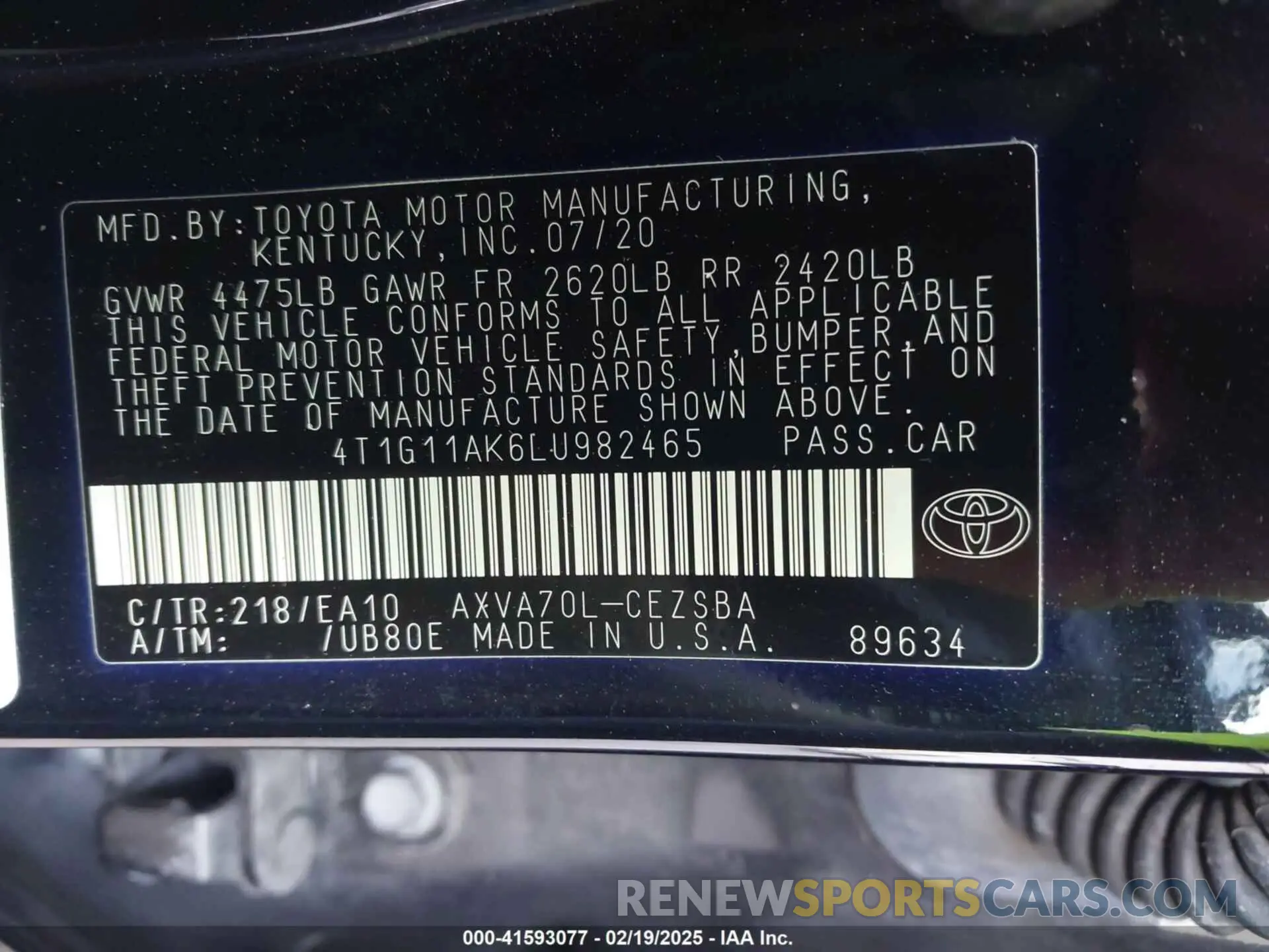 9 fotografías del automóvil dañado 4T1G11AK6LU982465 TOYOTA CAMRY 2020