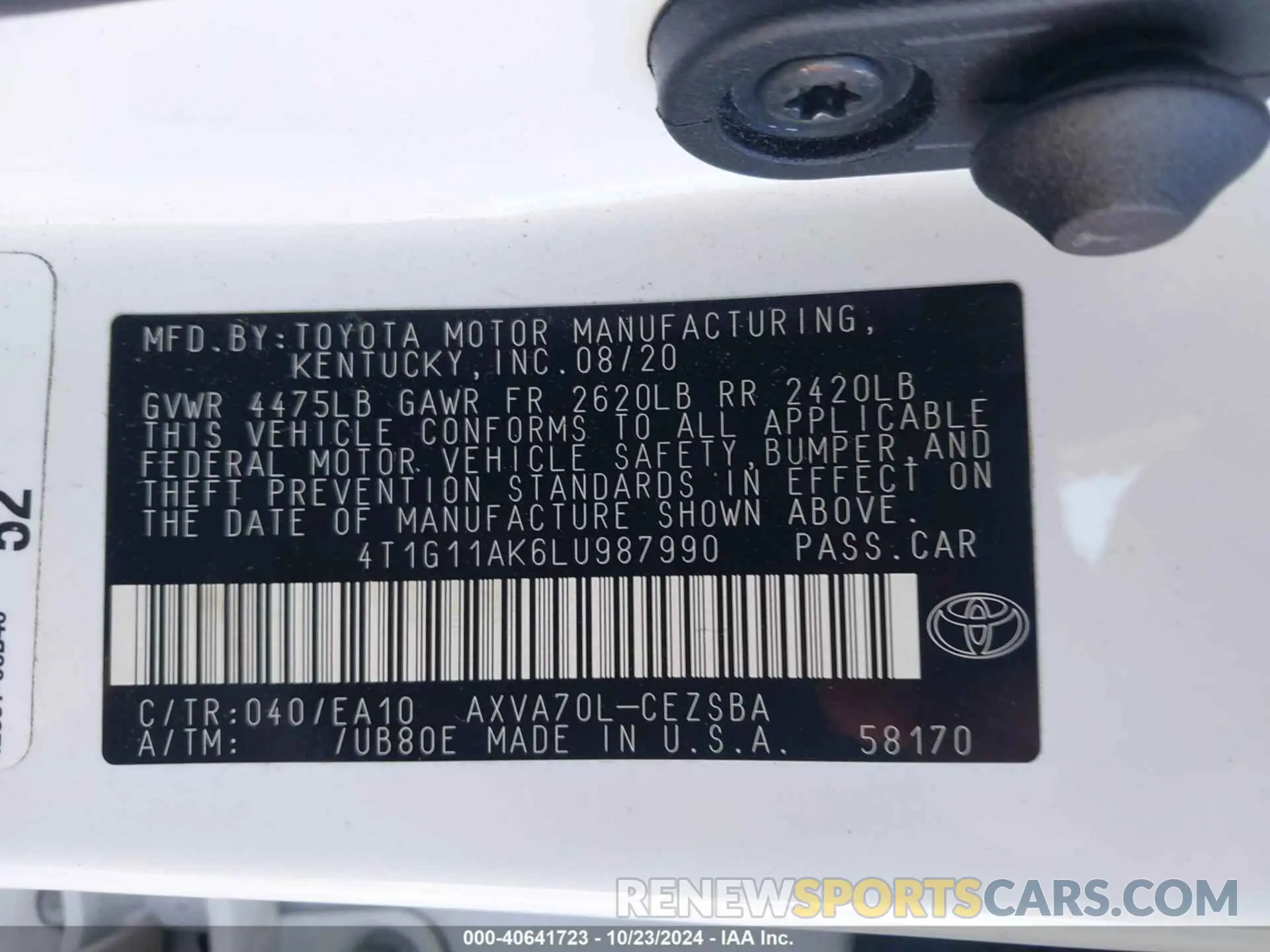 9 fotografías del automóvil dañado 4T1G11AK6LU987990 TOYOTA CAMRY 2020