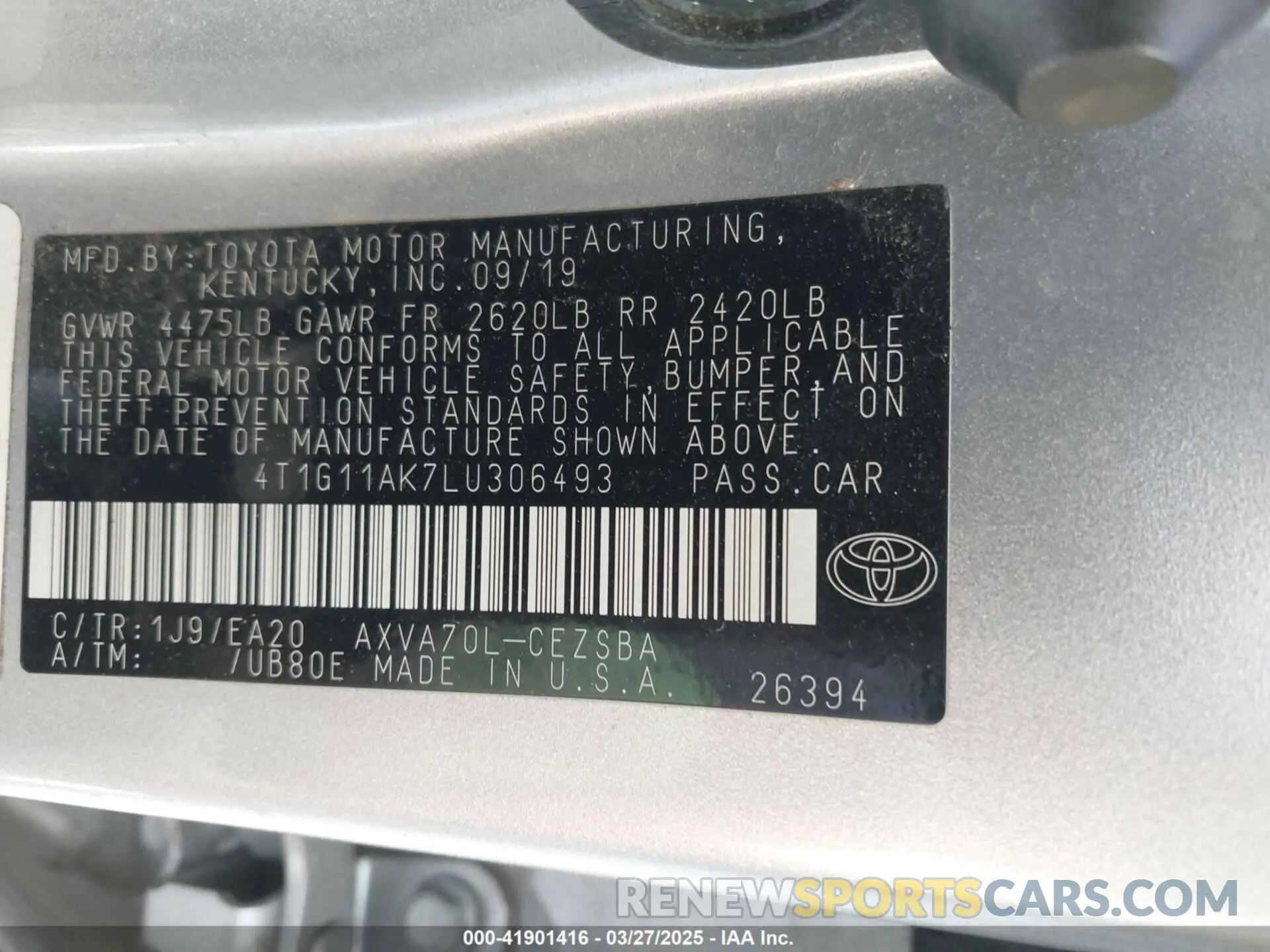 9 fotografías del automóvil dañado 4T1G11AK7LU306493 TOYOTA CAMRY 2020