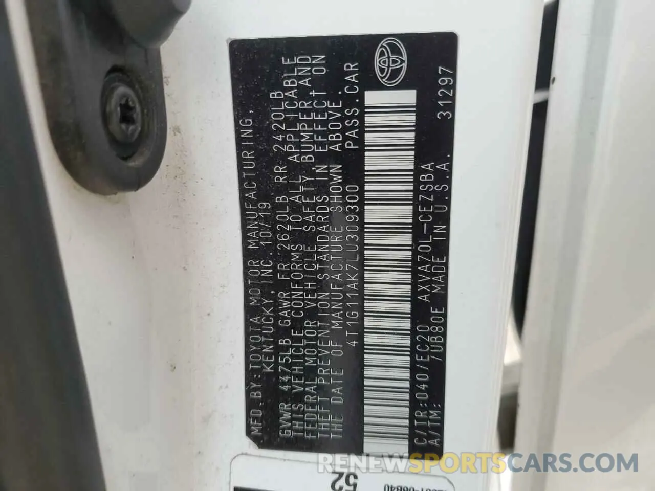 13 fotografías del automóvil dañado 4T1G11AK7LU309300 TOYOTA CAMRY 2020