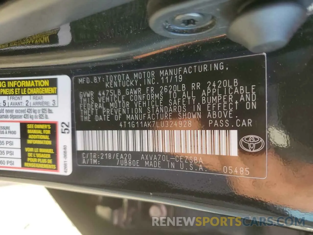 13 fotografías del automóvil dañado 4T1G11AK7LU324928 TOYOTA CAMRY 2020