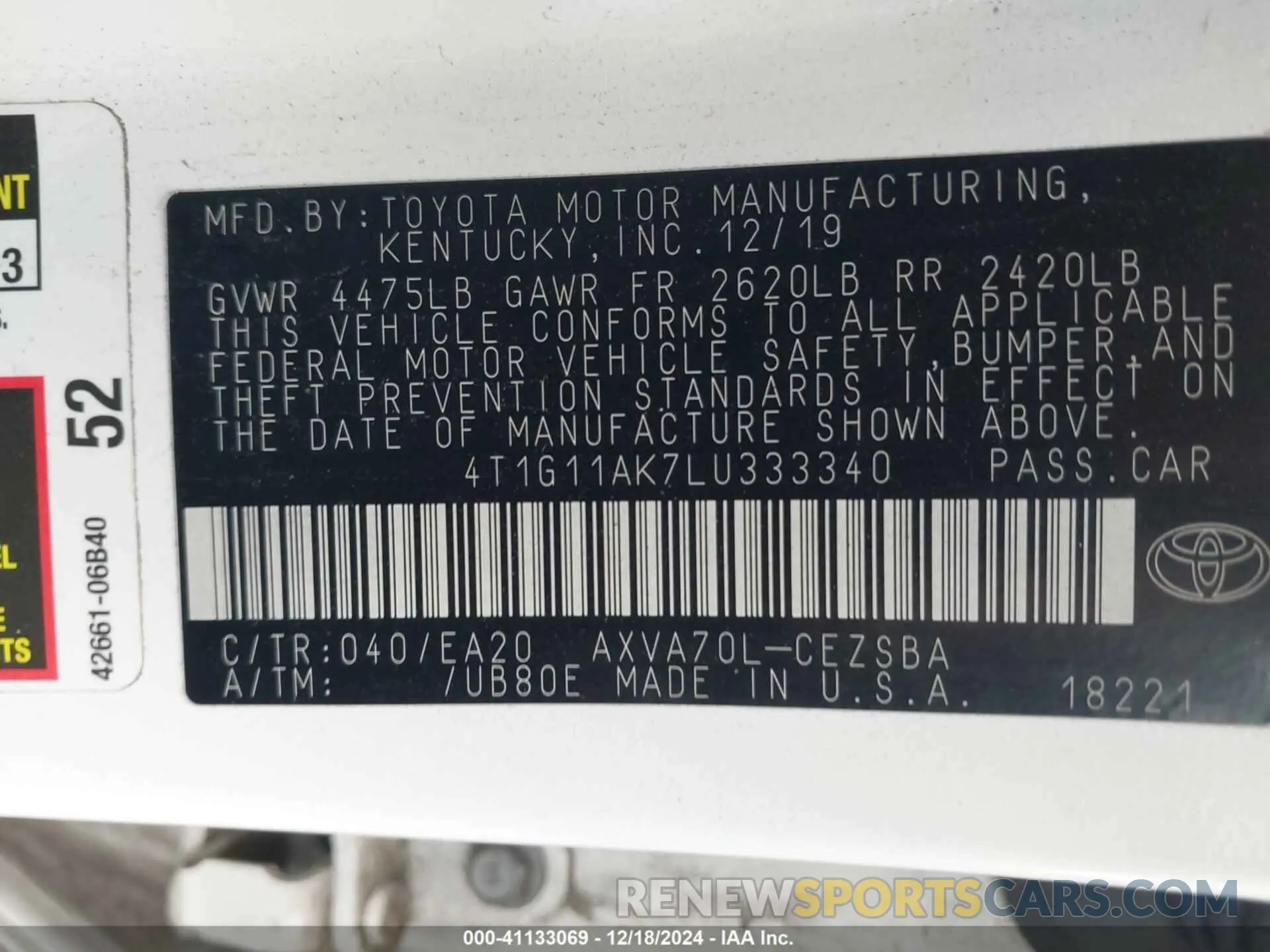 9 fotografías del automóvil dañado 4T1G11AK7LU333340 TOYOTA CAMRY 2020
