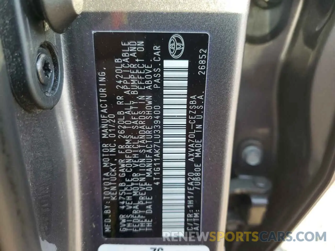 13 fotografías del automóvil dañado 4T1G11AK7LU339400 TOYOTA CAMRY 2020