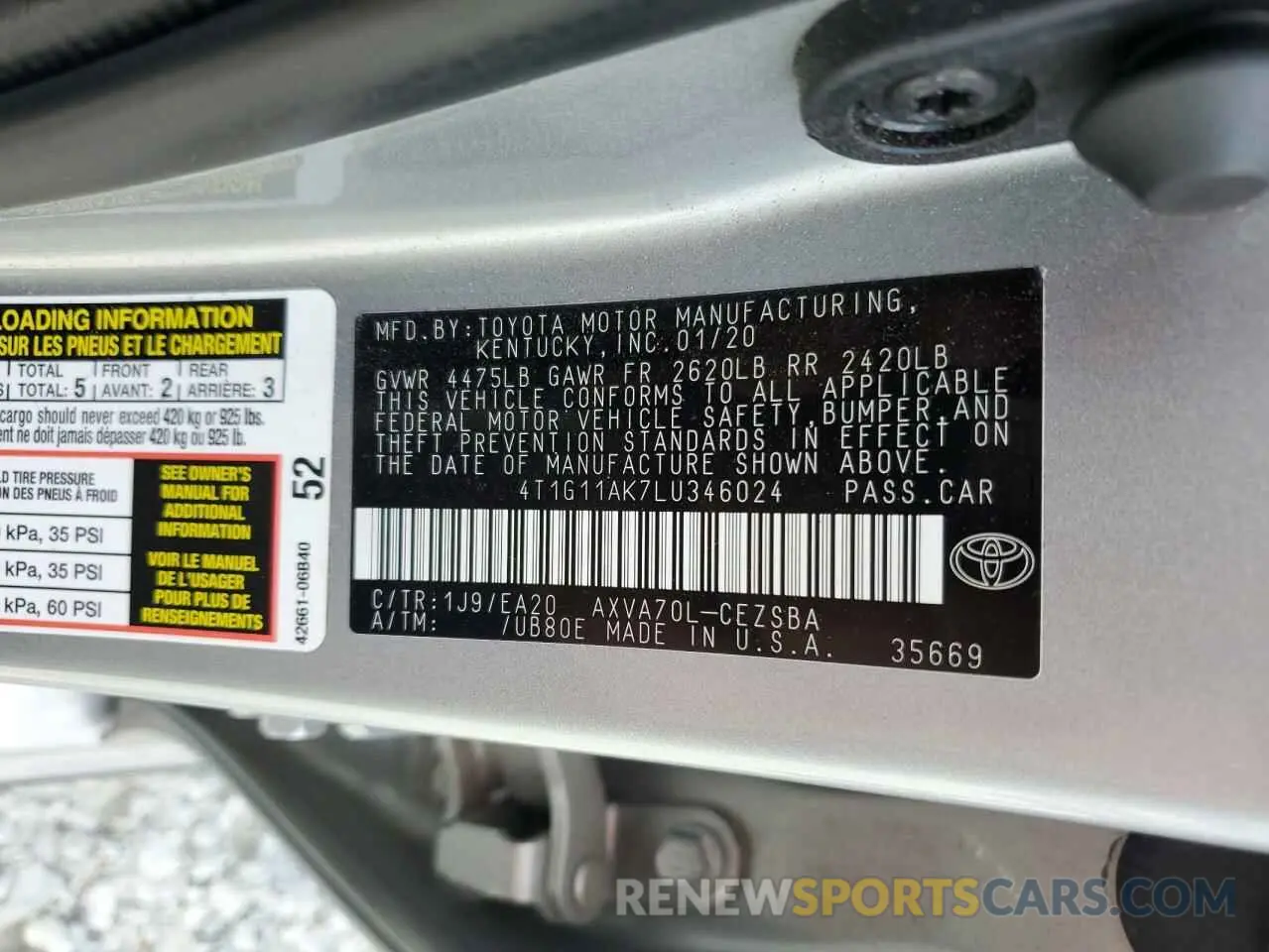 13 fotografías del automóvil dañado 4T1G11AK7LU346024 TOYOTA CAMRY 2020