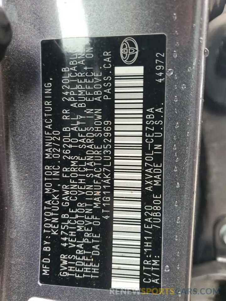 12 fotografías del automóvil dañado 4T1G11AK7LU352969 TOYOTA CAMRY 2020