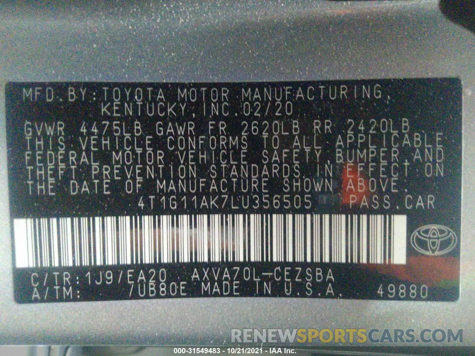 9 fotografías del automóvil dañado 4T1G11AK7LU356505 TOYOTA CAMRY 2020