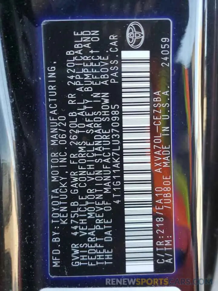 14 fotografías del automóvil dañado 4T1G11AK7LU370985 TOYOTA CAMRY 2020