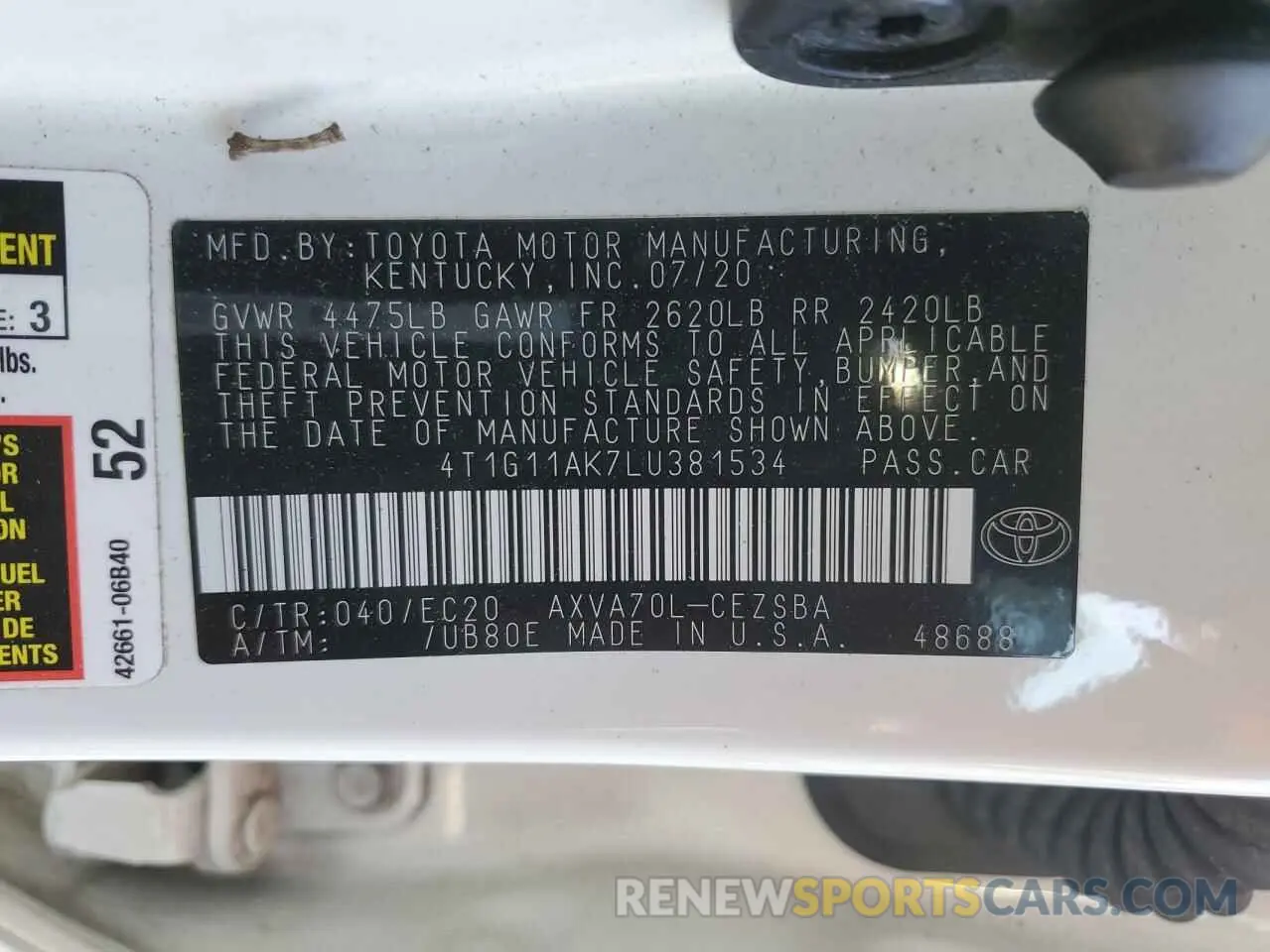 12 fotografías del automóvil dañado 4T1G11AK7LU381534 TOYOTA CAMRY 2020