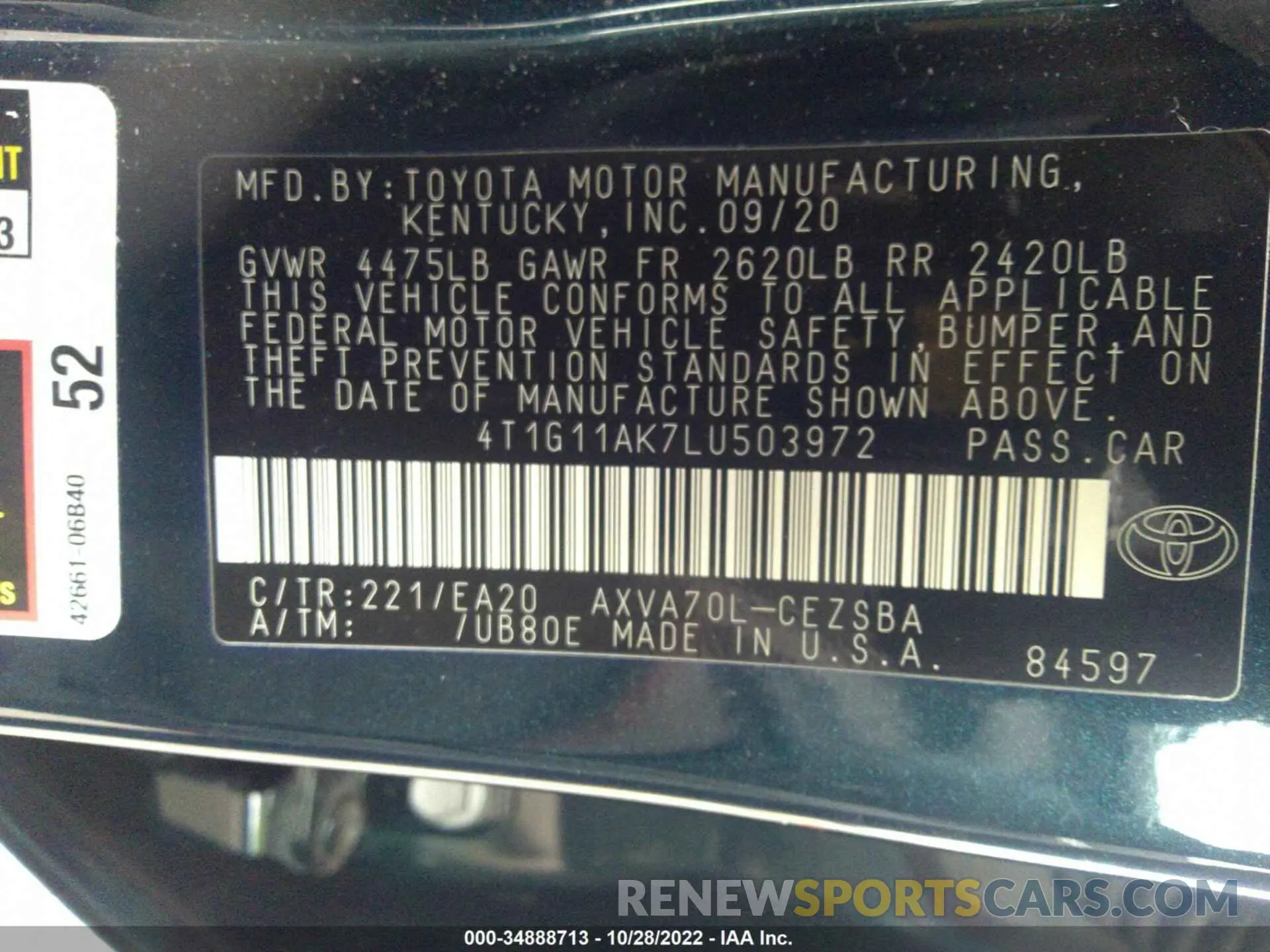 9 fotografías del automóvil dañado 4T1G11AK7LU503972 TOYOTA CAMRY 2020