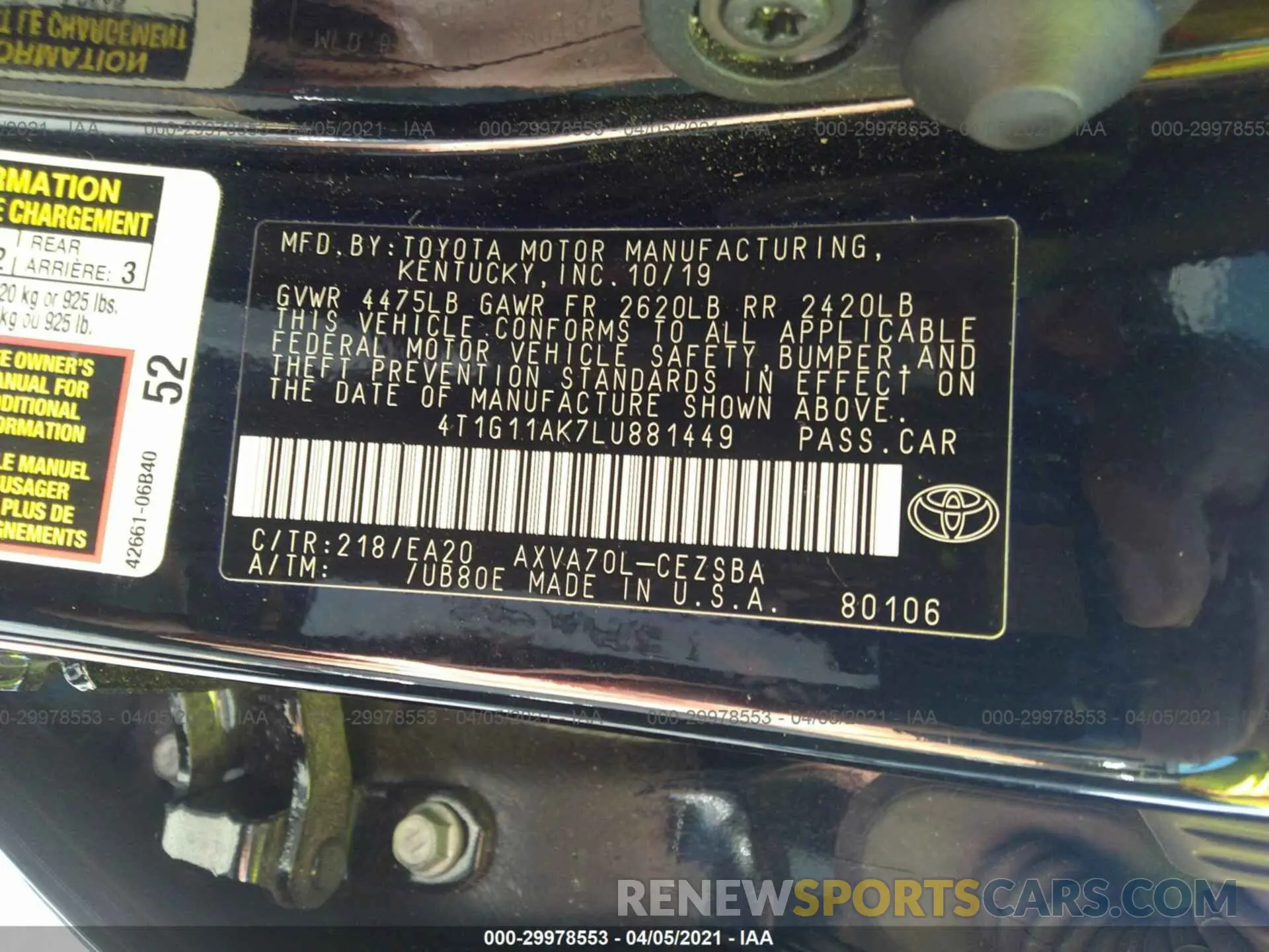 9 fotografías del automóvil dañado 4T1G11AK7LU881449 TOYOTA CAMRY 2020