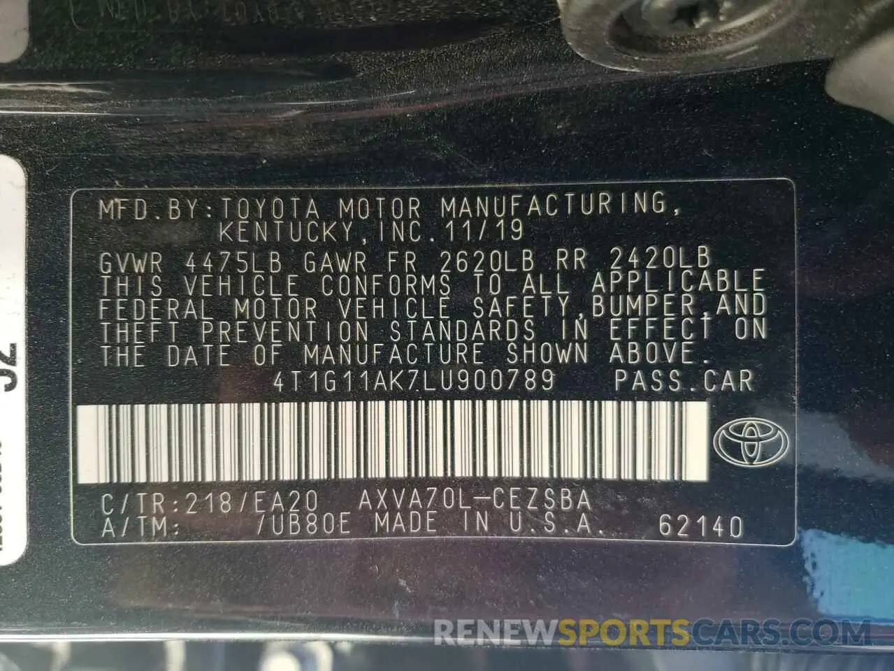 10 fotografías del automóvil dañado 4T1G11AK7LU900789 TOYOTA CAMRY 2020