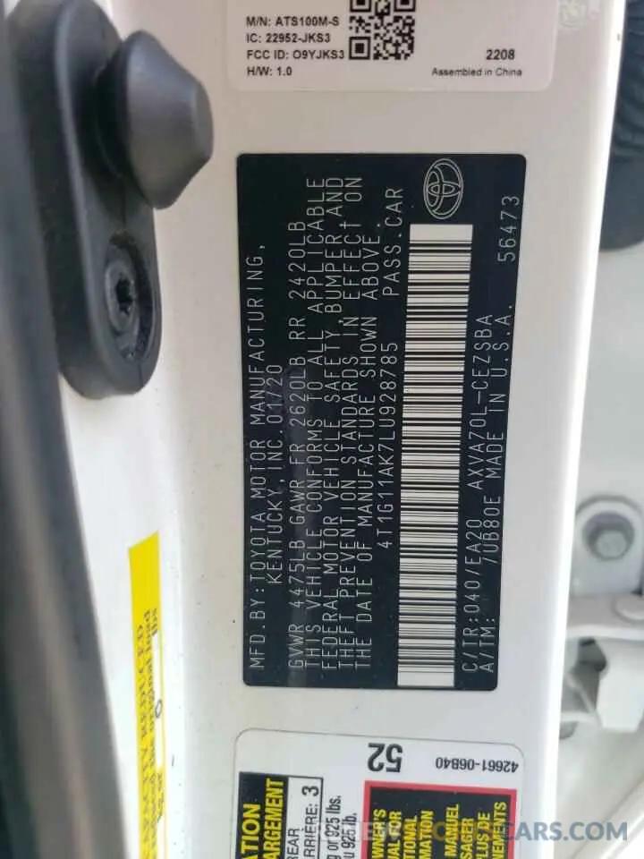 12 fotografías del automóvil dañado 4T1G11AK7LU928785 TOYOTA CAMRY 2020