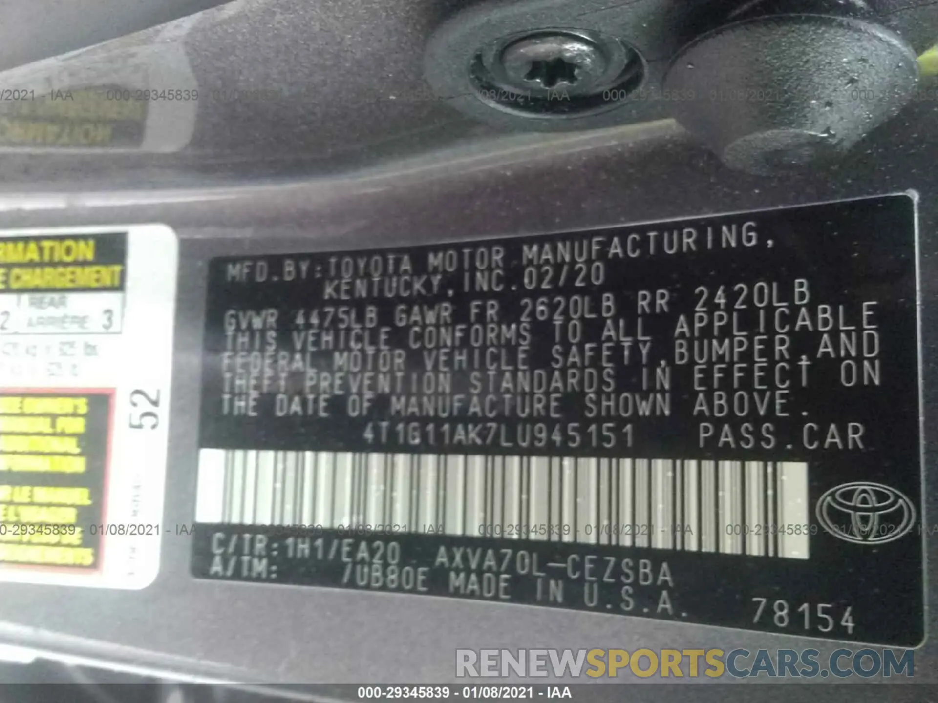 9 fotografías del automóvil dañado 4T1G11AK7LU945151 TOYOTA CAMRY 2020