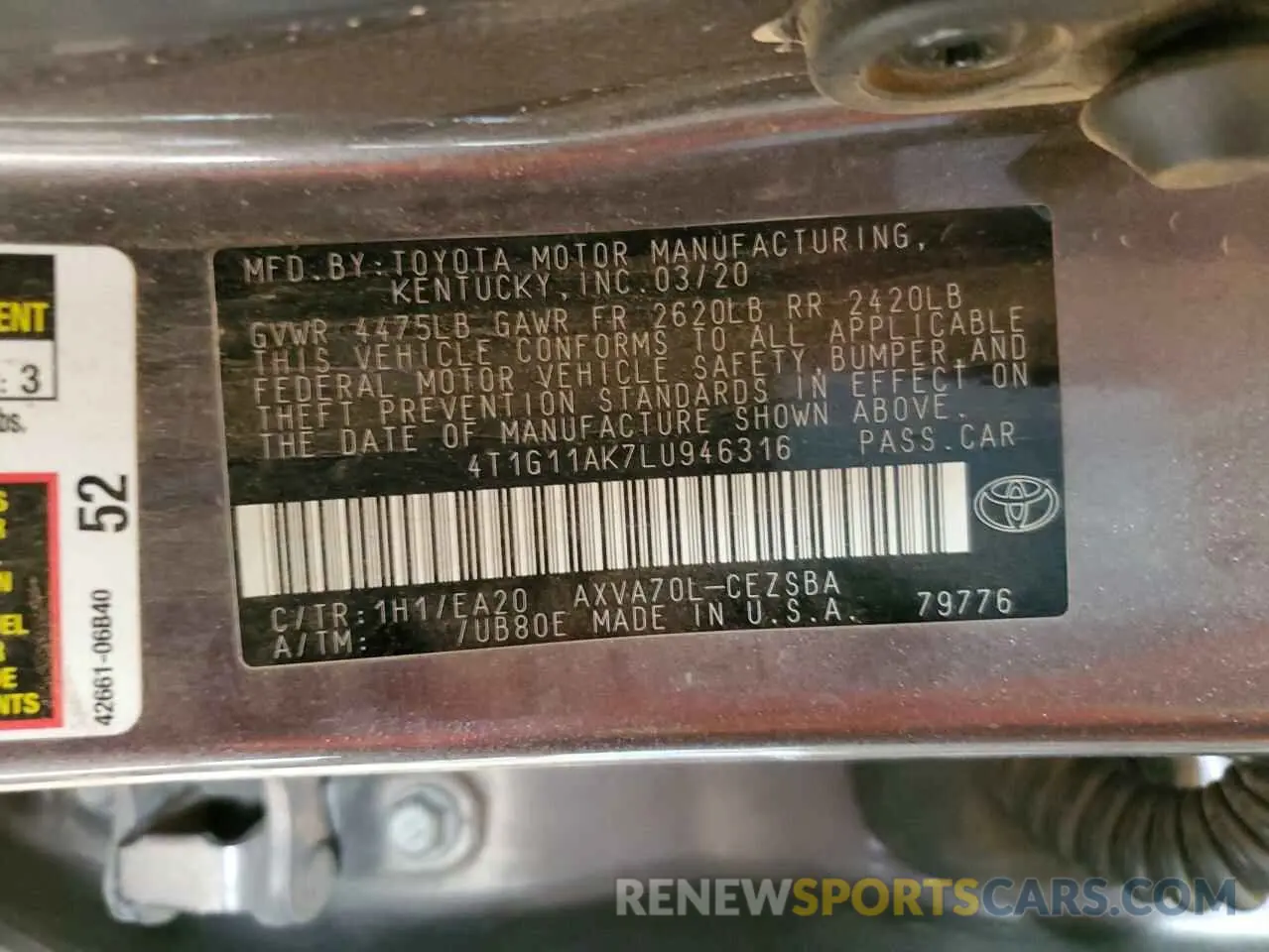 15 fotografías del automóvil dañado 4T1G11AK7LU946316 TOYOTA CAMRY 2020