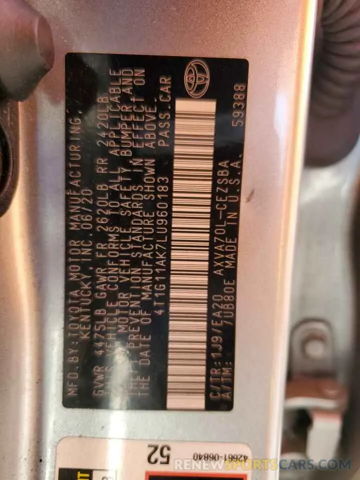 12 fotografías del automóvil dañado 4T1G11AK7LU960183 TOYOTA CAMRY 2020