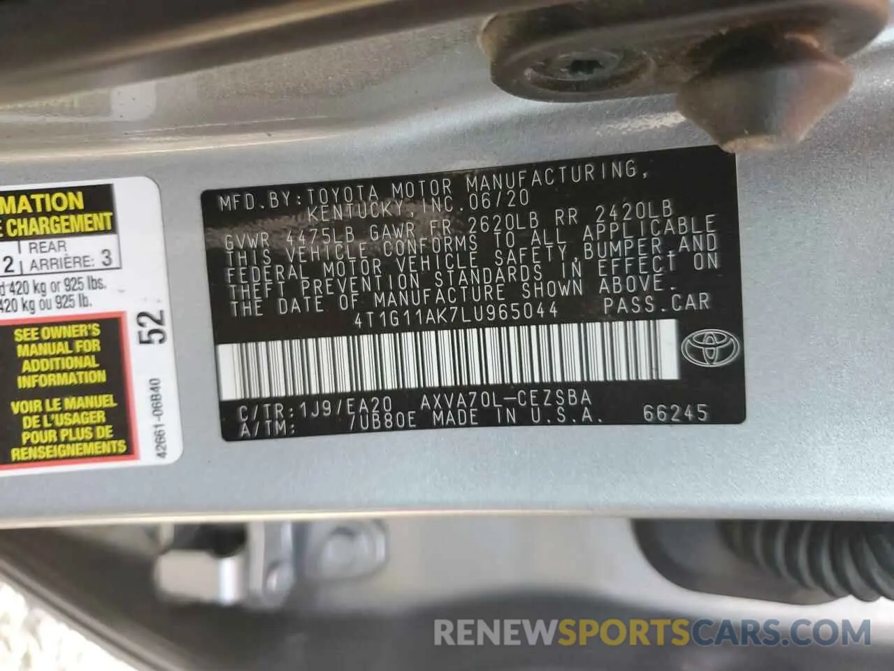 12 fotografías del automóvil dañado 4T1G11AK7LU965044 TOYOTA CAMRY 2020