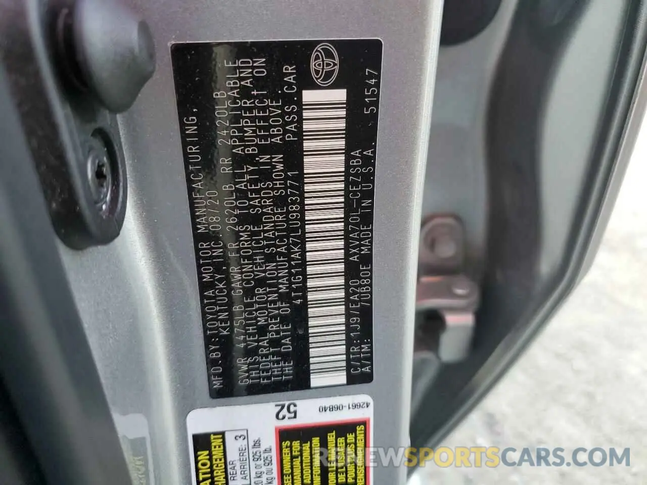 12 fotografías del automóvil dañado 4T1G11AK7LU983771 TOYOTA CAMRY 2020