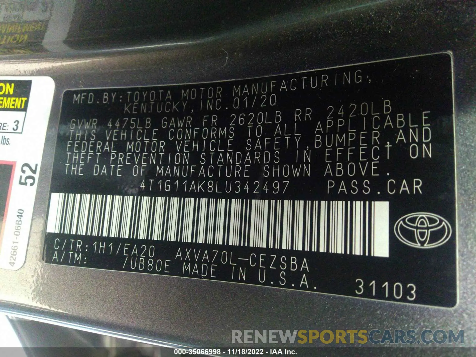 9 fotografías del automóvil dañado 4T1G11AK8LU342497 TOYOTA CAMRY 2020